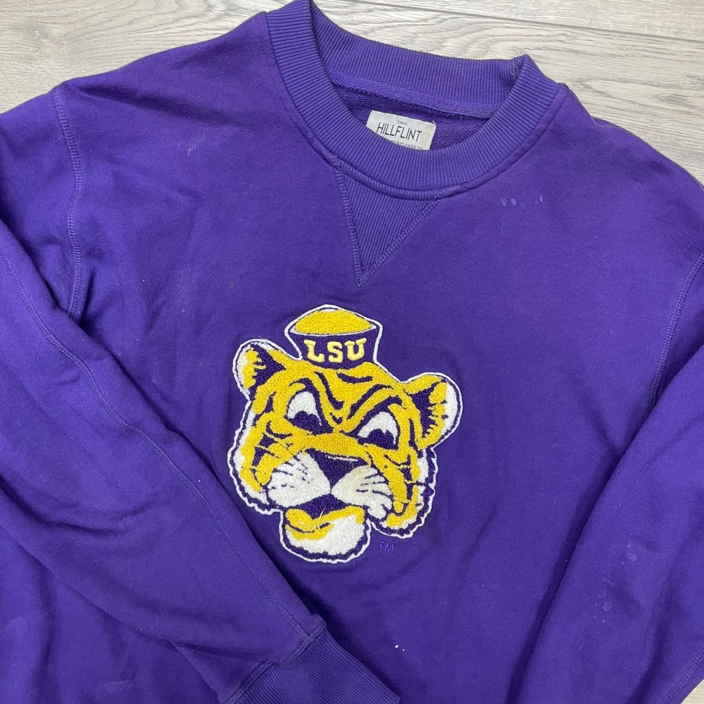 Hillflint LSU Tigers Sweatshirt Mens Medium Purple Chenille Mascot Crewneck